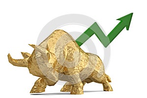 Gold bull and uprise arrow.3D illustration.