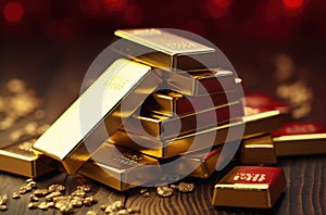 Gold bullion bar on dark background. Large cast investment gold ingot. Swiss gold. Business and finance