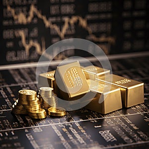 Gold bullion and gold ingots on the background of the stock exchange