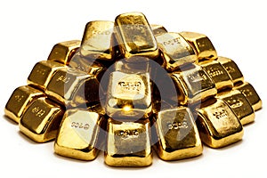 Gold bullion on a white background, closeup of photo