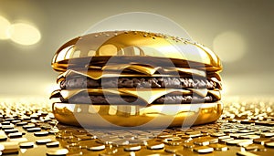 Gold burger with cheese on a gold background. Generative AI