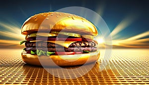 Gold burger with cheese on a gold background. Generative AI