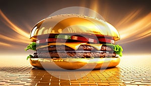 Gold burger with cheese on a gold background. Generative AI