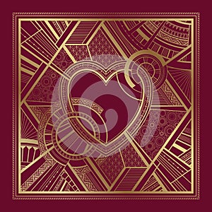 Gold and burgundy card with heart and art deco geometric ornament