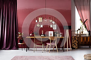 Gold and burgundy workspace interior