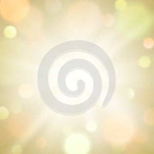 Gold burst light sparkle bokeh blur background. Circle light on beige background. EPS 10