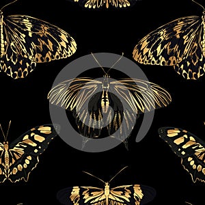 Gold butterfly on black background seamless pattern.