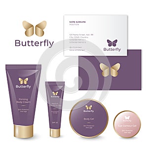 Gold Butterfly logo. Flying butterfly icon on packaging of cosmetics. Layouts of Tube and jars for beauty products.