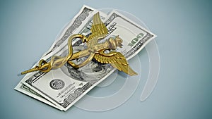Gold caduceus symbol standing on dollar bills. 3D illustration