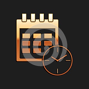 Gold Calendar and clock icon isolated on black background. Schedule, appointment, organizer, timesheet, time management