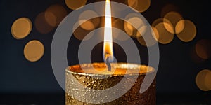 A gold candle with a flame is lit on a dark surface.