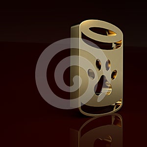 Gold Canned food icon isolated on brown background. Food for animals. Pet food can. Minimalism concept. 3D render