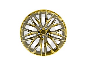 Gold car alloy wheel isolated on white background. New alloy wheel for a car on a white background. Alloy rim isolated. Car wheel