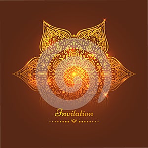 Gold Card or invitation with Mandala. Vector hand-drawn highly detailed round mandala elements. Luxury lace festive