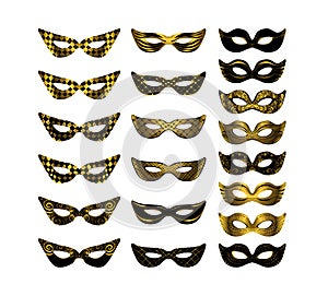 Gold carnival mask collection, isolated masks set on white.