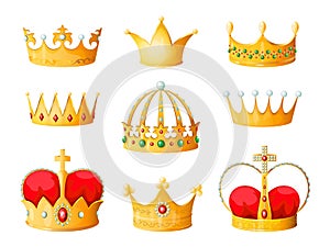 Gold cartoon crown. Golden yellow emperor prince queen crowns diamond coronation tiara crowning emojis corona isolated photo