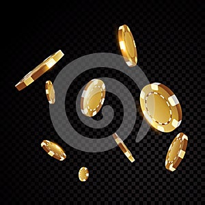 Gold casino poker chips flying in front of black background