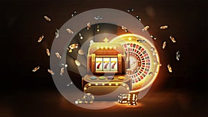 Gold Casino Slot Machine with black playing cards, neon gold roulette, dice and chips in dark scene. Casino backdrop for your arts
