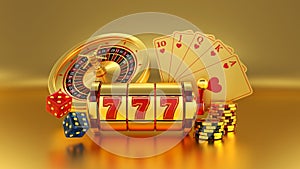 Gold Casino Slot, Poker Cards, Poker Chips And Dices On The Golden Background - 3D Illustration