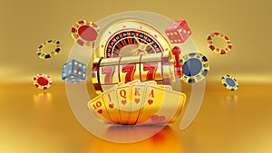 Gold Casino Slot, Roulette Wheel, Poker Cards, Poker Chips And Dices - 3D Illustration