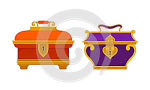 Gold Casket or Jewelry Box as Decorated Small Container Vector Set