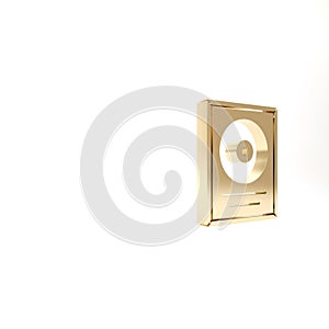 Gold CD disk award in frame icon isolated on white background. Modern ceremony. Best seller. Musical trophy. 3d