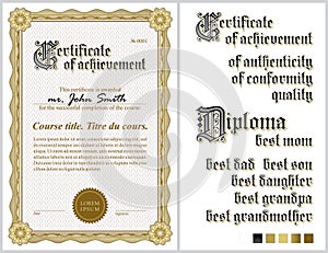 Gold certificate. Template. Guilloche, Vertical.