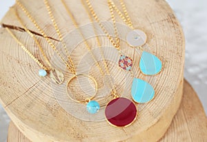 Gold chain necklaces with turquoise stones - red stone - gold shell necklace - greek jewelry