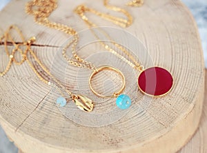 Gold chain necklaces with turquoise stones - red stone - gold shell necklace - greek jewelry