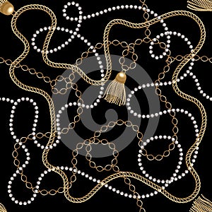 Gold Chain With Tassel and Pearl Beads Seamless Pattern.