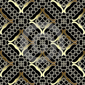Gold chains 3d seamless pattern. Modern ornamental luxury grid background. Repeat ornate gold and black backdrop
