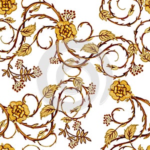 Gold chains, damask curl and golen roses seamless pattern. luxury illustration. golden roses.