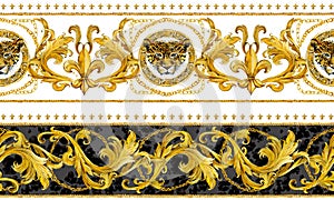 Gold chains seamless border. luxury illustration. golden leopard head and lace. damask pattern design.