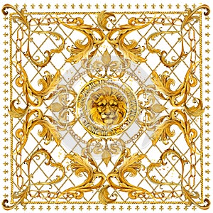 Gold chains seamless border. luxury illustration. golden Lion head and lace. damask pattern design. vintage riches background.