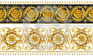 Gold chains seamless border. luxury illustration. golden Lion head and lace. damask pattern design. vintage riches background.