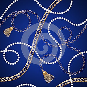 Gold chains seamless pattern. Gold hearts and tassels. Fabric design vector print