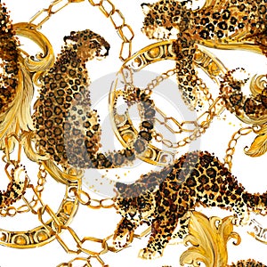 Gold chains seamless pattern. luxury illustration. golden lace. luxury design. leopard print seamless background