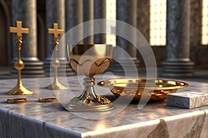 Gold chalice of catholic religion on altar table. Generative Ai. photo
