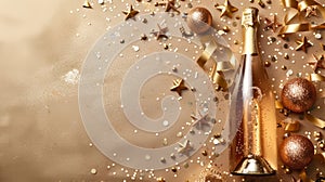 Gold champagne bottle with two champagne glasses on golden glitter background