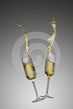 Gold champagne splash. party invitation. Toast. black and white background