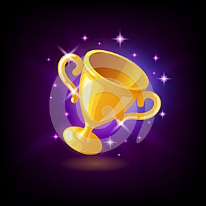 Gold champion trophy cup, goblet with sparkles, slot icon on dark purple background, casino concept, vector illustration