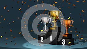 Gold champion trophy on winner 1, 2, 3 podium, stage for the first, second and third place, 3D rendering