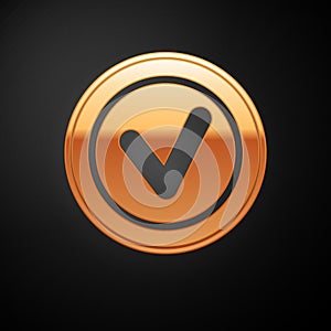 Gold Check mark in round icon isolated on black background. Check list button sign. Vector