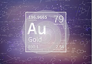 Gold chemical element with first ionization energy, atomic mass and electronegativity values on scientific background
