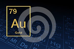 Gold, chemical element symbol with relief shape, over the periodic table