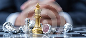 Gold Chess King figure stand out from crowd of enermy or opponent during chessboard competition. Strategy, Success, management,