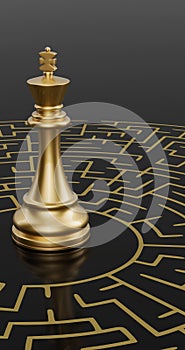 Gold chess king and maze on black background. 3D illustration