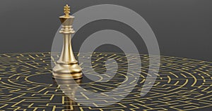 Gold chess king and maze on black background. 3D illustration