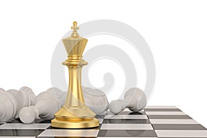 Gold chess king win vs pawns business concept of leadership 3D illustration