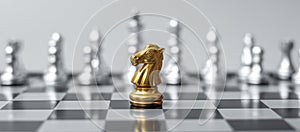 Gold  Chess Knight horse figure on Chessboard against opponent or enemy. Strategy, Conflict, management, business planning,